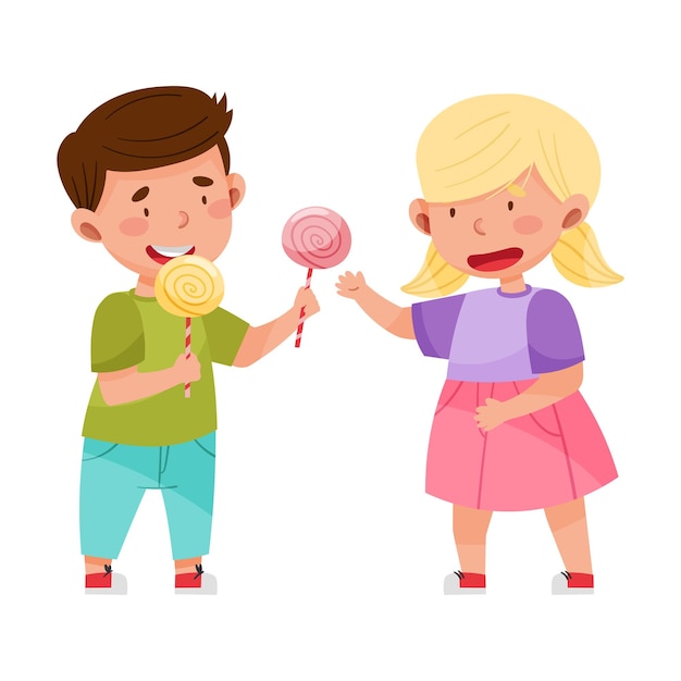 Vector little girl sharing candy with boy vector illustration