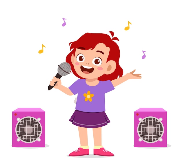 Vector little girl sing a beautiful song on stage illustration