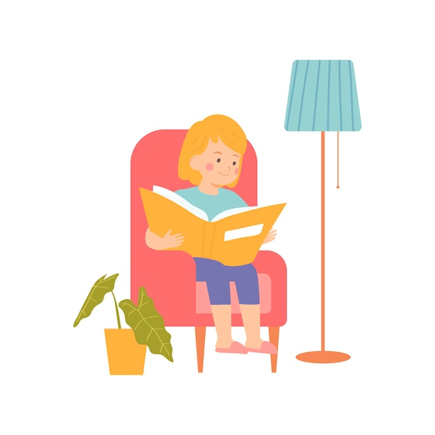 A little girl sits in a chair and reads her book vector illustration cartoon style character