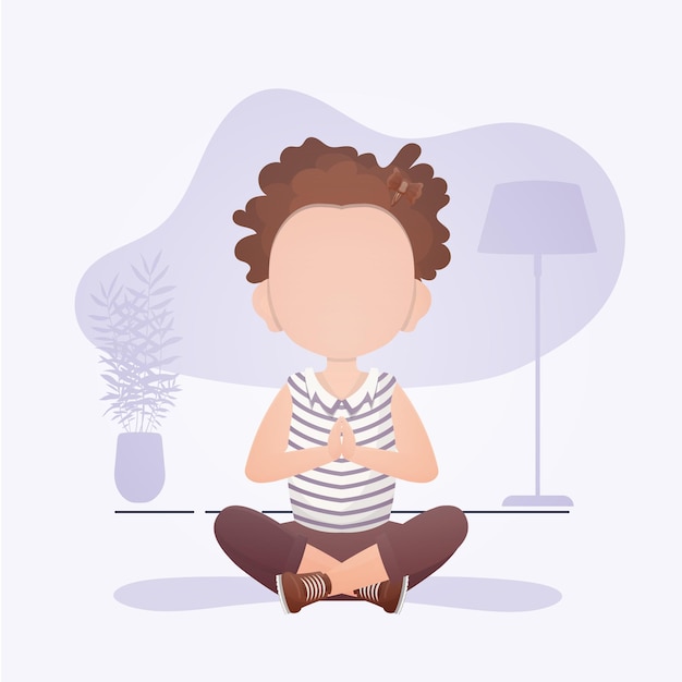 Vector little girl sits in the lotus position children's meditation vector illustration