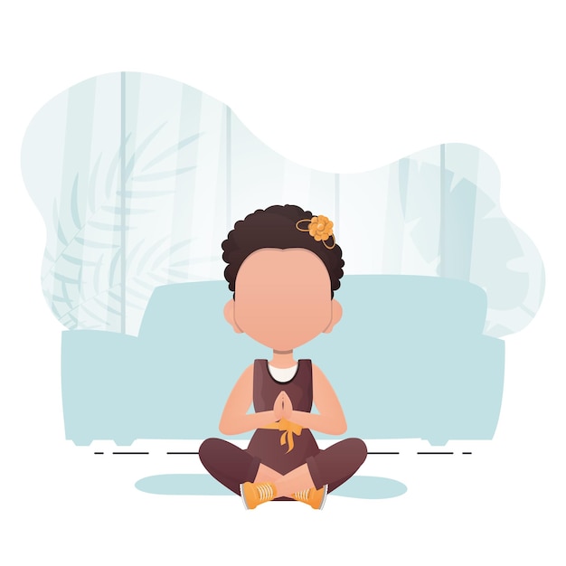 Vector little girl sits in the lotus position cute yoga mindfulness and relaxation vector