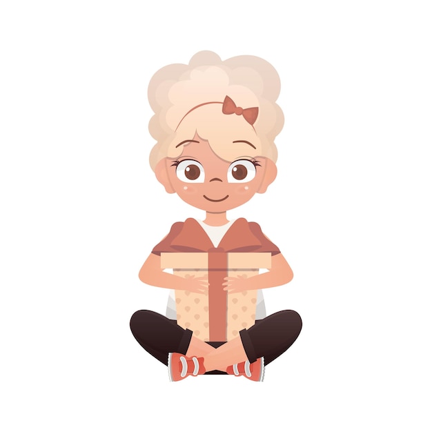 The Little Girl sits in a lotus position and holds a gift box in her hands Cartoon style Vector