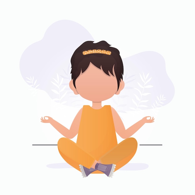 Vector little girl sits in the lotus position yoga kids vector illustration in cartoon style