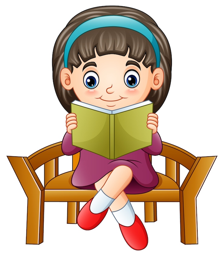 Вектор маленькая девочка, сидя на стуле, читает книгу