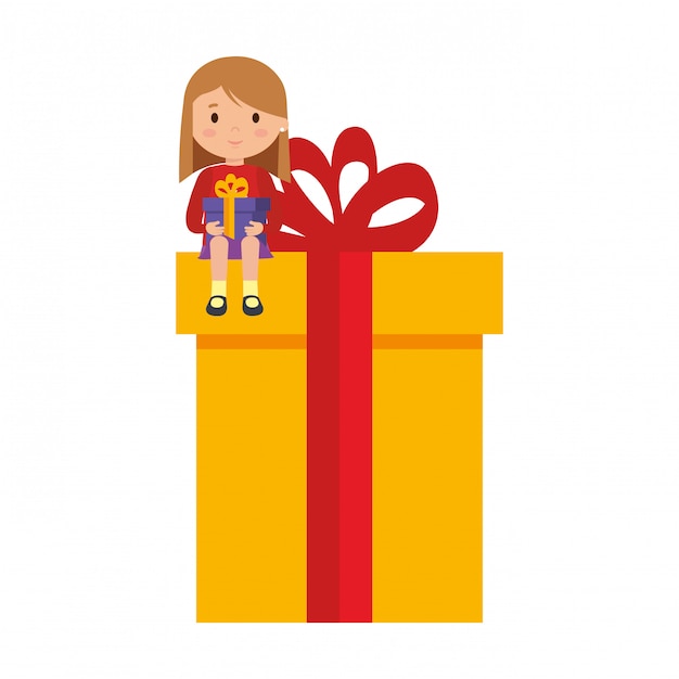 Vector little girl sitting in gift with winter clothes
