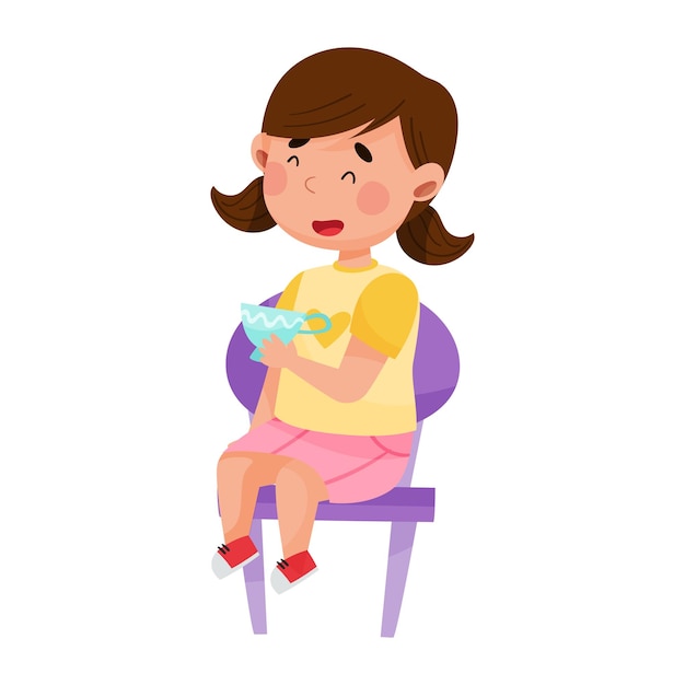 Little girl sitting on small chair and drinking toy tea vector illustration