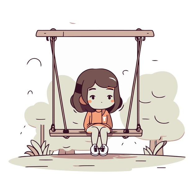 Vector little girl sitting on the swing in the park