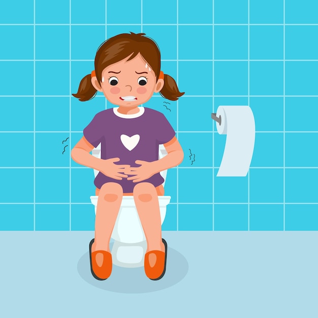 Vector little girl sitting on toilet bowl suffer from stomach ache having diarrhea constipation problem