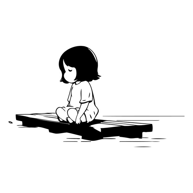 Vector little girl sitting on a wooden pier on white background