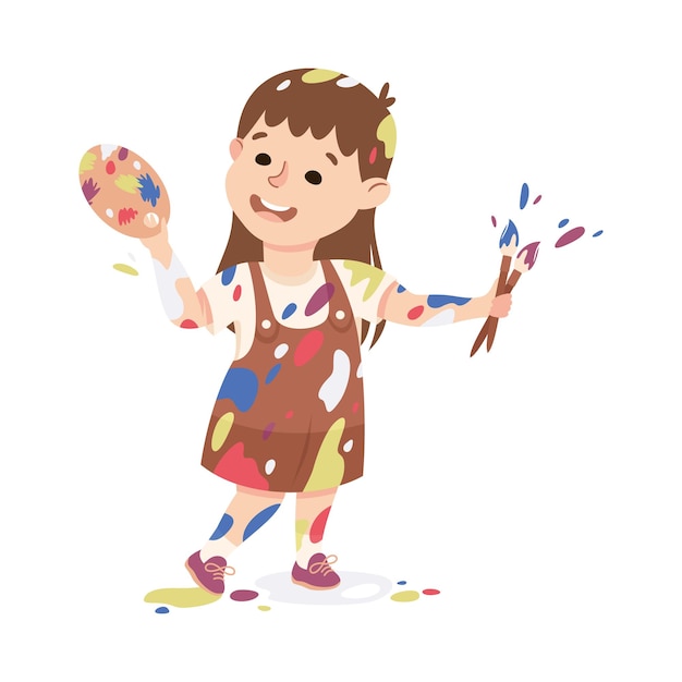 Little Girl Smeared in Paints Holding Artist Palette and Brush Vector Illustration