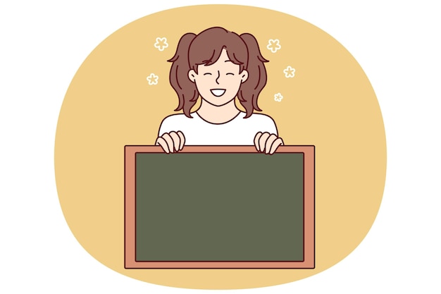 Little girl smiling demonstrates empty chalkboard designed for applying notifications