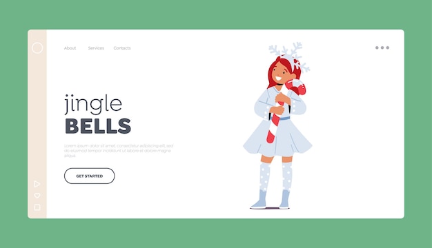 Little Girl in Snowflake Costume Landing Page Template Child in Funny Christmas Suit Holding Candy Cane Illustration