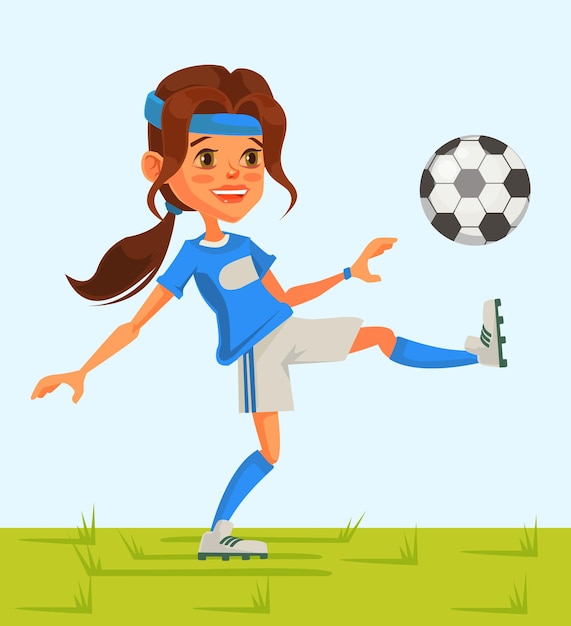 Vector little girl soccer character play football.   cartoon