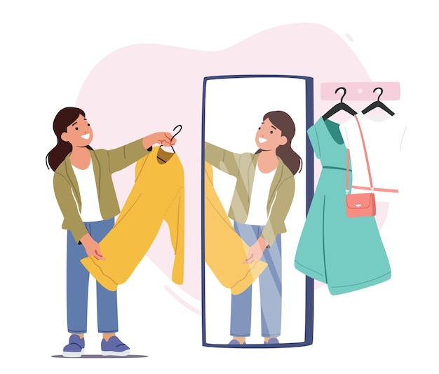 Маленькая девочка стоит перед зеркалом в примерочной в магазине одежды, меняя и примеряя одежду. Ребенок выбирает одежду.
