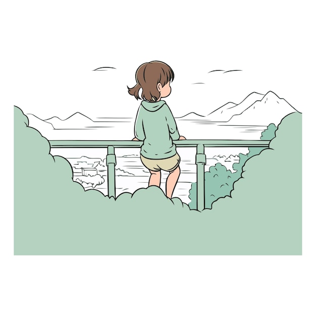 Vector little girl standing on the balcony and looking at the mountains