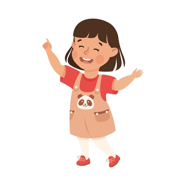Vector little girl standing and talking to somebody engaged in friendly communication vector illustration