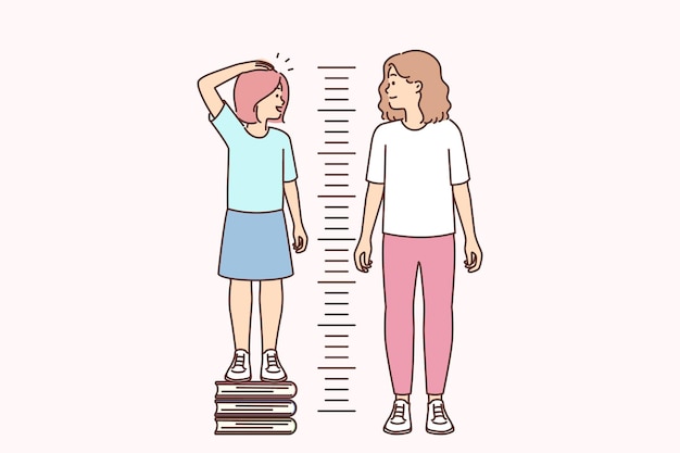 Vector little girl stands on books measuring growth and wants to compete with older sister