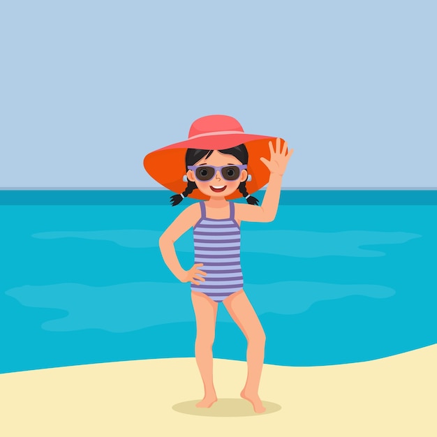 little girl in swimsuit with hat and sunglasses having fun on beach waving hand posing on summertime