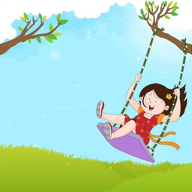 A little girl on a swing under a tree vector illustration