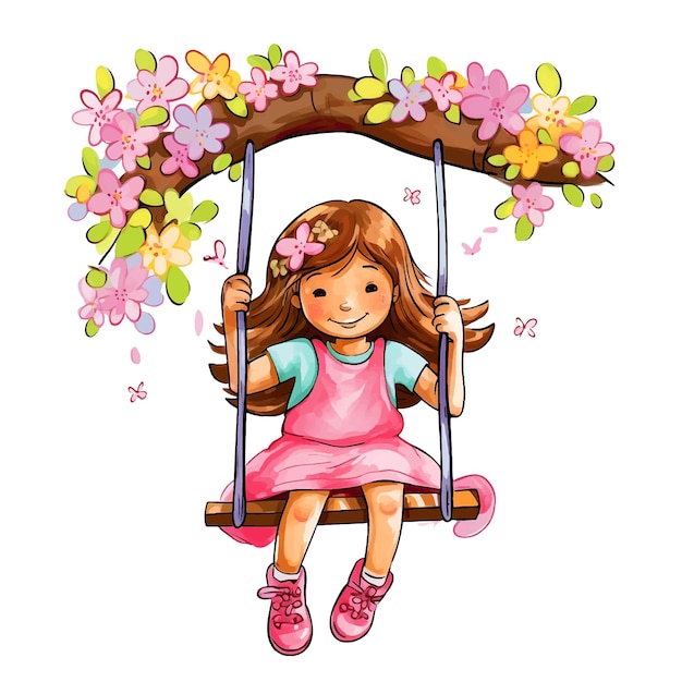 Vector little girl swinging in a tree watercolor paint