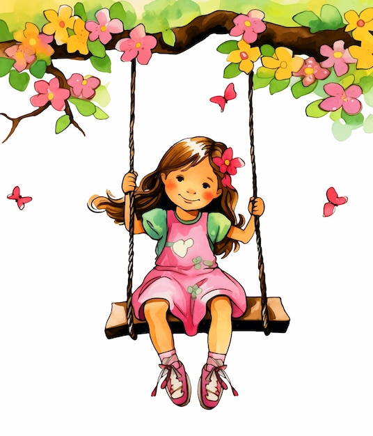 Vettore piccola ragazza che si oscilla in un albero dipinto ad acquerello