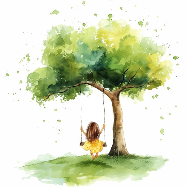 Маленькая девочка качается на дереве акварельной краской