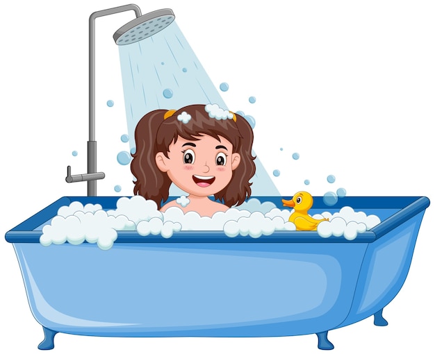 Little girl take a bath in the bathtub Vector illustration