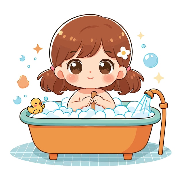Маленькая девочка принимает ванну.