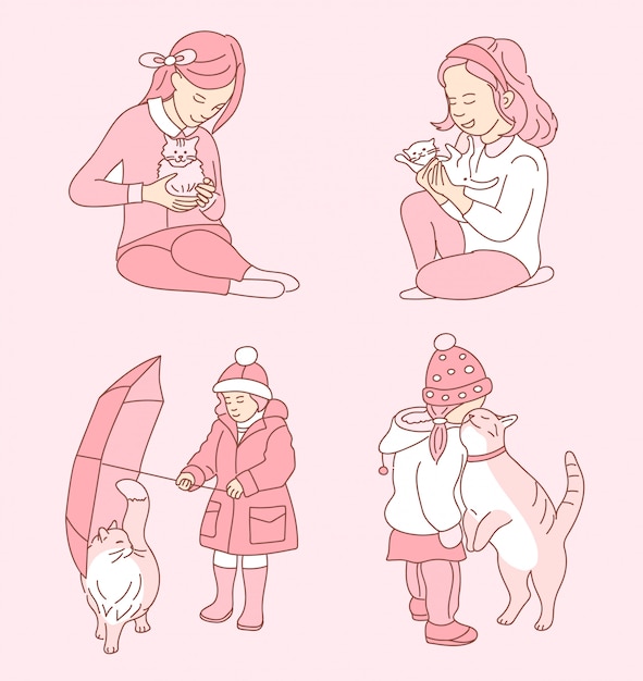 Vector little girl taking care of her cat