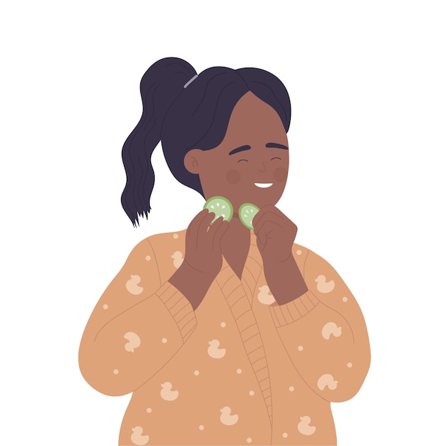 Vector little girl using cucumber mask