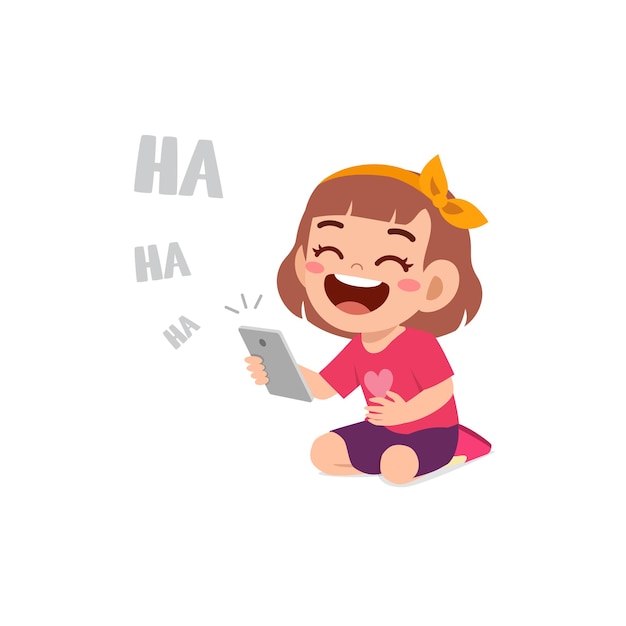 Little girl using mobile phone and laugh