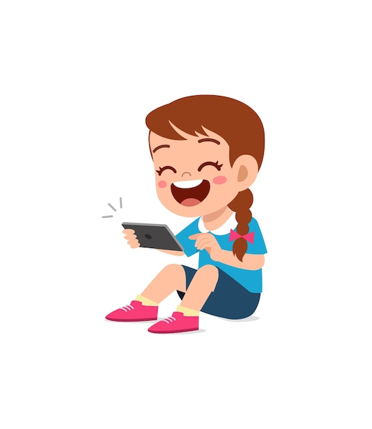 Little girl using mobile phone and laugh