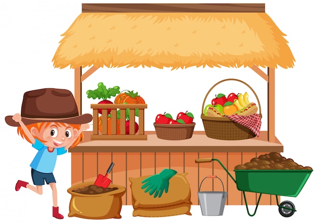 Vector little girl and vegetables on the farm