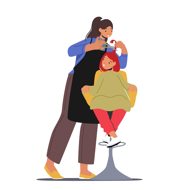 Vector little girl visit beauty salon with children hairdresser master character do hairstyle for toddler in barbershop using scissors beautician grooming place fashion cartoon people vector illustration