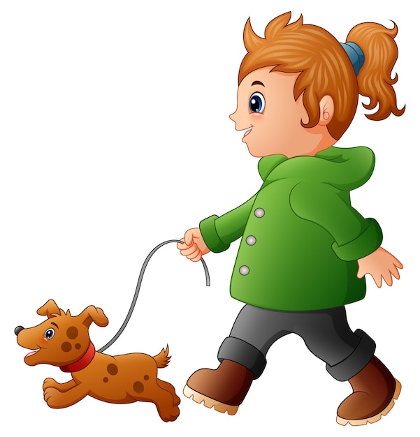 Vector little girl walking with her dog