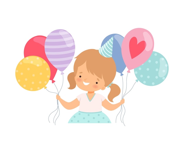 생일 모자를 입고 풍선을 들고 있는 작은 소녀 터 일러스트레이션