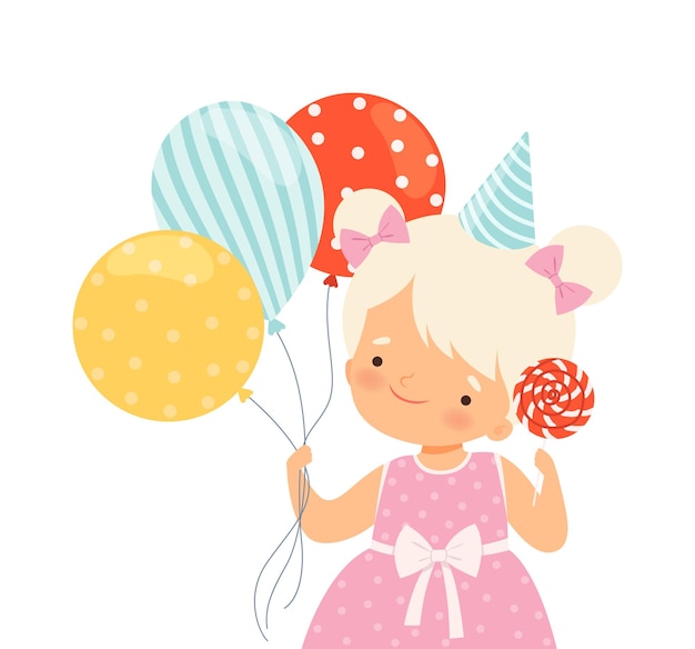 Vettore piccola ragazza che indossa un cappello di compleanno che porta caramelle e un mucchio di palloncini illustrazione vettoriale