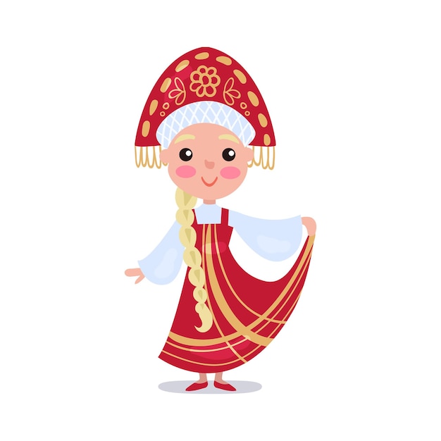 Вектор Маленькая девочка в красном сарафане и кокошнике, ребенок в национальном костюме россии красочные векторные иллюстрации на белом фоне