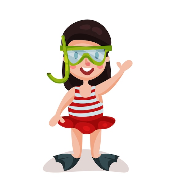 Little girl wearing red swimsuit, diving mask and flippers, kid ready to swim and dive colorful character vector Illustration on a white background
