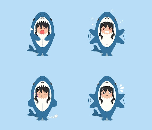 little girl wearing a shark costume character yawns irritated annoyed and whistling isolated on a beach background little girl wearing a shark costume character set emoticon illustration