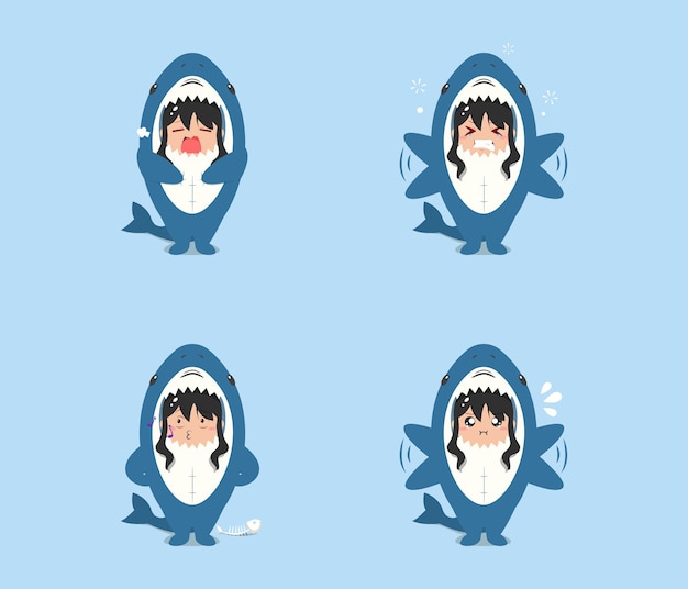 Little girl wearing a shark costume character yawns irritated annoyed and whistling isolated on a beach background little girl wearing a shark costume character set emoticon illustration