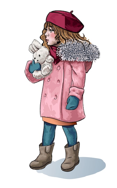 Bambina in panno di inverno con schizzo disegnato a mano isolato giocattolo lanuginoso coniglio coniglietto.