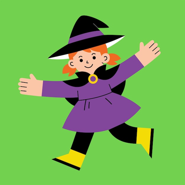 Vector little girl in witch costume for trick or treat on white background. happy halloween concept.