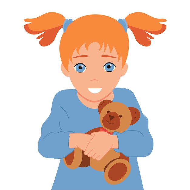 장난감 곰과 함께 있는 어린 소녀 스마일 페이스벡터