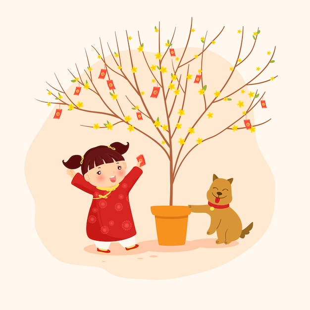 Little girl with an apricot tree and a dog