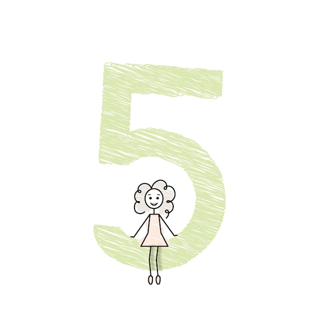 Little girl with big green number five simple doodle vector illustration