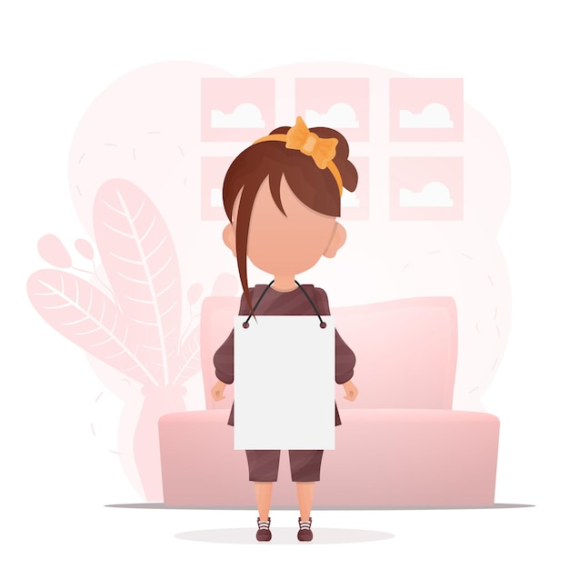Little Girl with a blank banner for your text Design in cartoon style Vector illustration