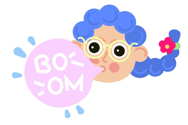 Little girl with blue hair chewing bubble gum for stickers and school presentations