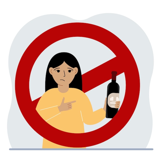 Little girl with a bottle of alcohol in his hand there is a red prohibition sign around the boy the concept of children's alcohol addiction