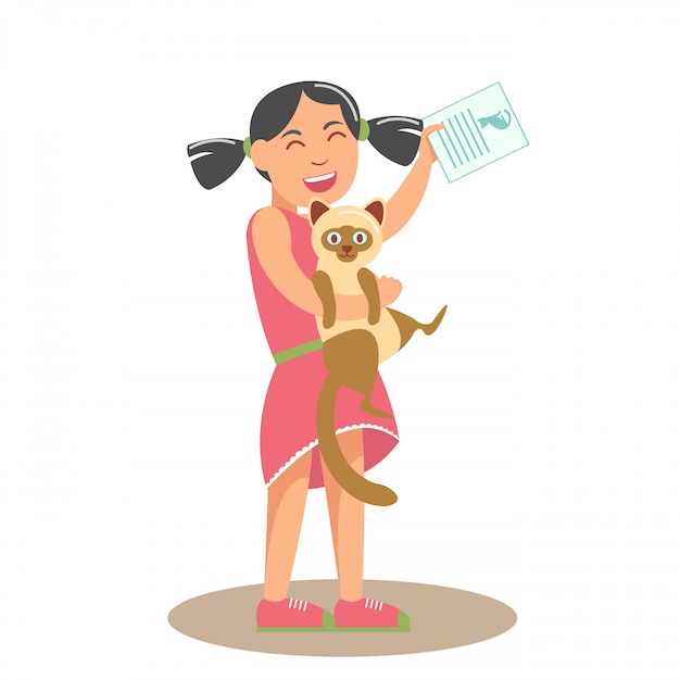 Little girl with cat flat vector illustration